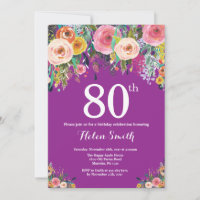 Invitation d'anniversaire 80 ans à motif floral vi