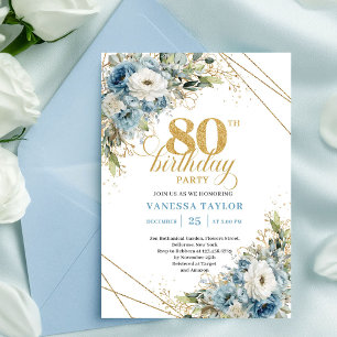 Invitation d'anniversaire 80 ans Dusty Blue Floral