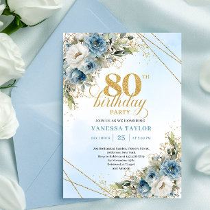 Invitation d'anniversaire 80 ans Fleurs de Bleu Po