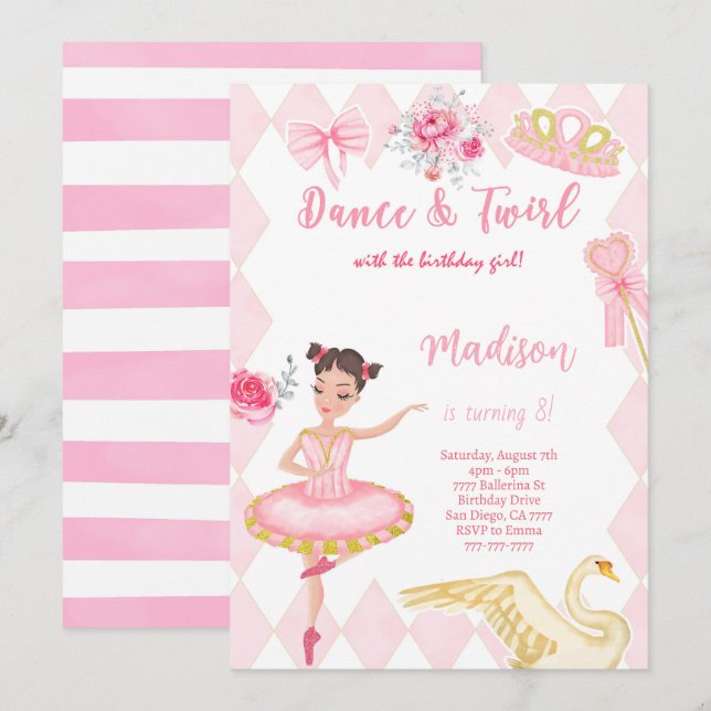 Invitation d'anniversaire 8 ans Ballerine  (Devant / Derrière)