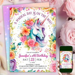 Invitation d'anniversaire 8 ans Licorne Fleurs Arc