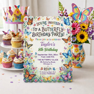Invitation d'anniversaire 8 ans Papillons Colorés
