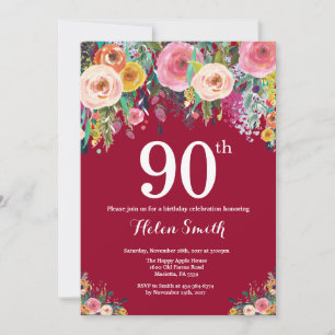 Invitation d'anniversaire 90 ans à motif floral bo