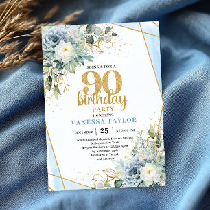Invitation d'anniversaire 90 ans Bleu Aquarelle Pa