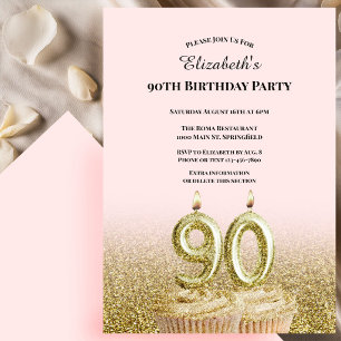 Invitation d'anniversaire 90 ans rose et or pour e