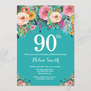 Invitation d'anniversaire 90 ans Teal Floral