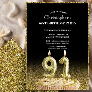 Invitation d'anniversaire 91 ans noir et or pour l