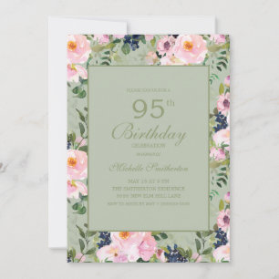 Invitation d'anniversaire 95 ans Rose Floral Vert