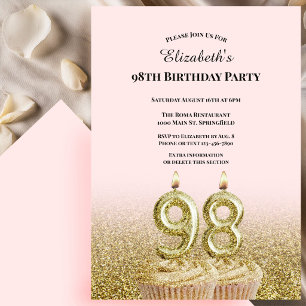 Invitation d'anniversaire 98 ans rose et or pour e