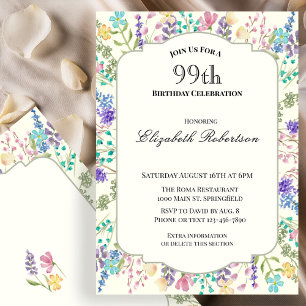 Invitation d'anniversaire 99 ans à motif floral co
