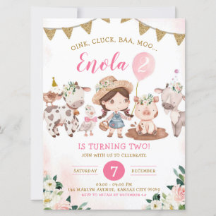 Invitation d'anniversaire à la ferme de filles ros