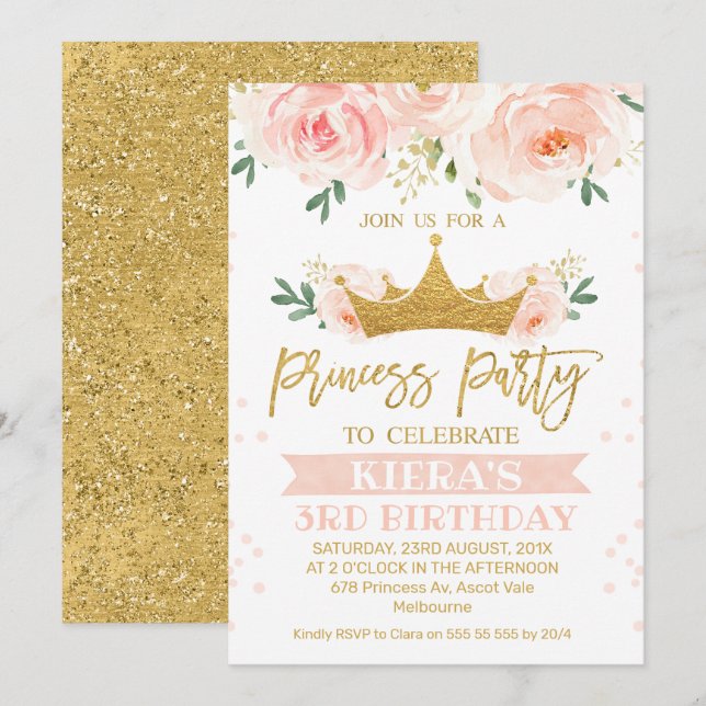 Invitation d'anniversaire à la Princess Party de l (Devant / Derrière)