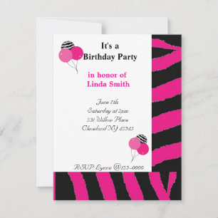 Invitation d'anniversaire à motif zèbre rose et no