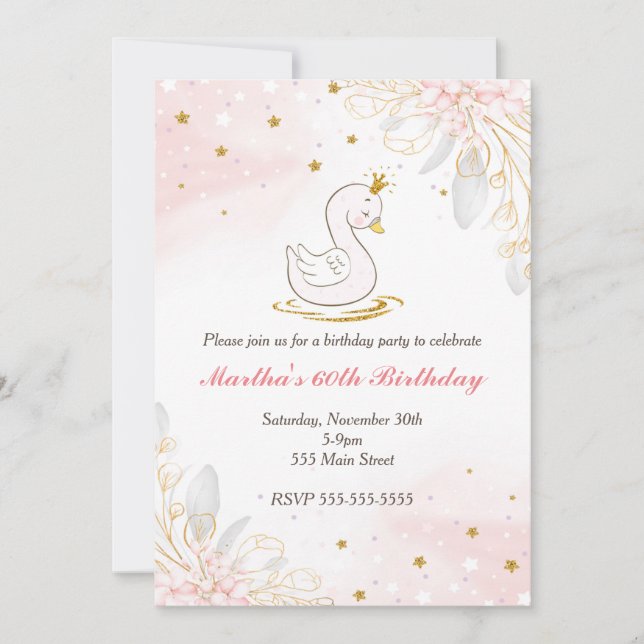 Invitation d'anniversaire adulte cygne floral rose (Devant)