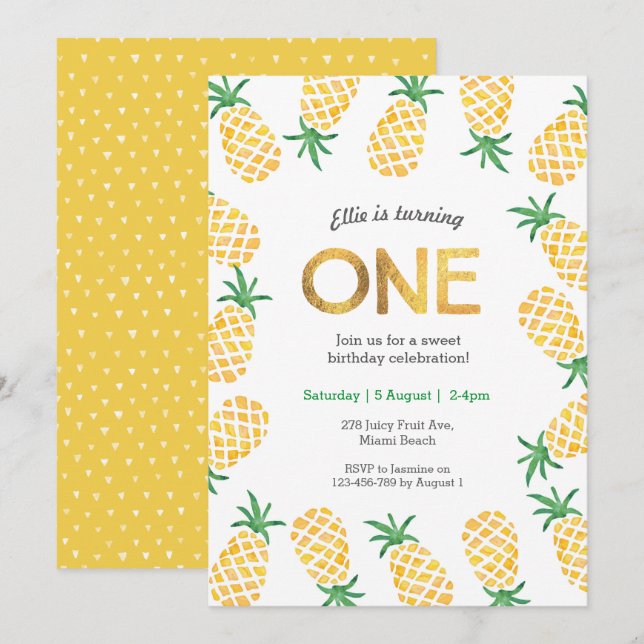 Invitation d'anniversaire | ananas tropical (Devant / Derrière)