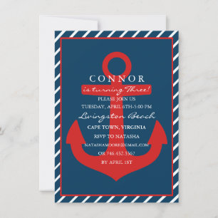 Invitation d'anniversaire Ancre Rouge & Bleue