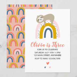 Invitation d'anniversaire arc-en-ciel de paresseux