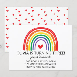 Invitation d'anniversaire arc-en-ciel et cœurs