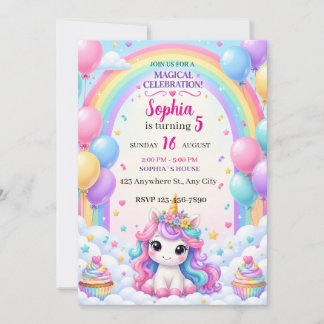 Invitation d'anniversaire Arc-en-ciel Licorne