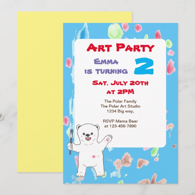 Invitation d'anniversaire artistique pour enfants  (Devant / Derrière)