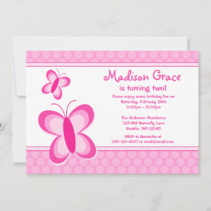 Invitation d'anniversaire au papillon rose Polka D