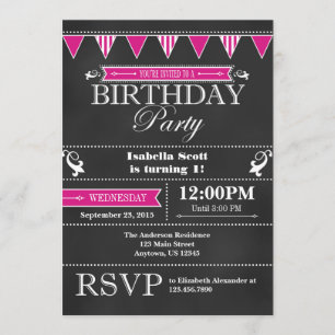 Invitation d'anniversaire au tableau noir rose cha