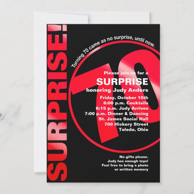 Invitation d'anniversaire audacieuse surprise - 70 (Devant)