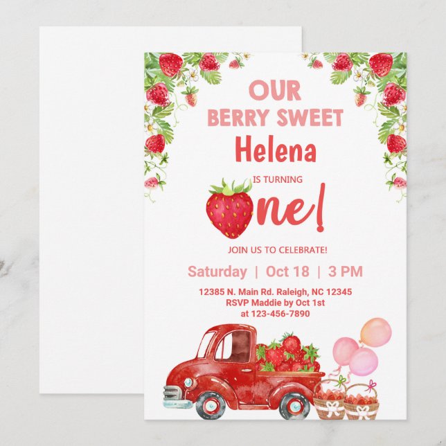 Invitation d'anniversaire aux fraises de baies suc (Devant / Derrière)