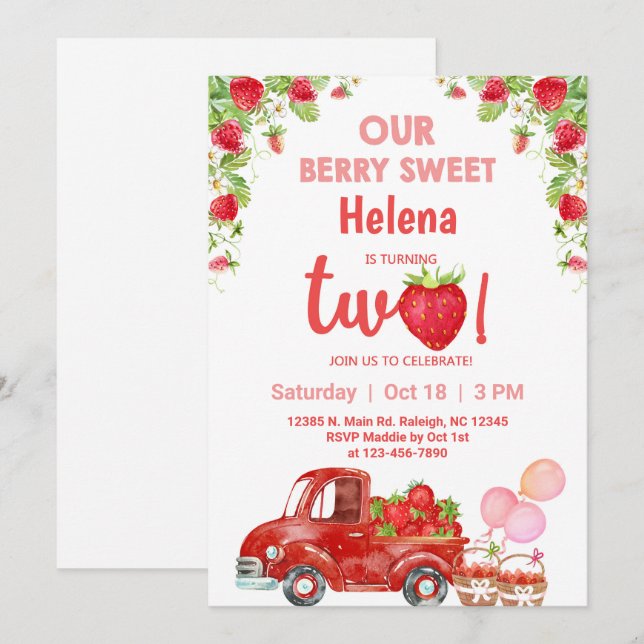 Invitation d'anniversaire aux fraises de baies suc (Devant / Derrière)