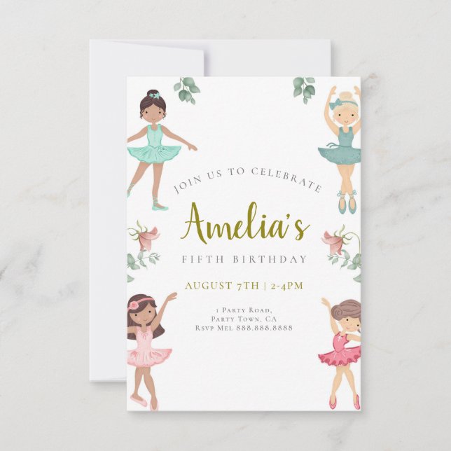 Invitation d'anniversaire Ballerina Rose et or (Devant)
