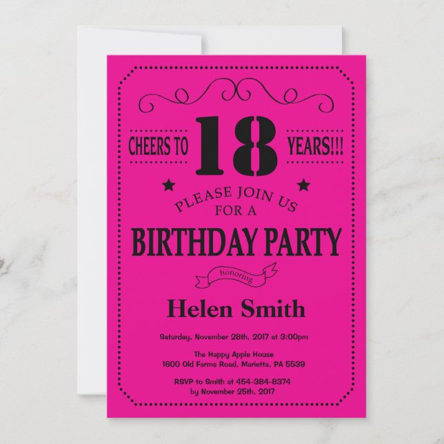 Invitation d'anniversaire Black and Hot Pink (Devant)