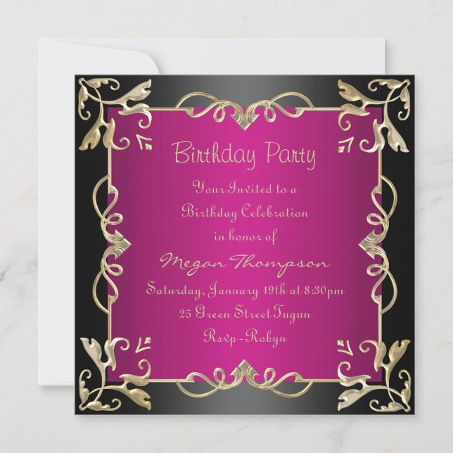 Invitation d'anniversaire Black/Gold et Hot Pink (Devant)