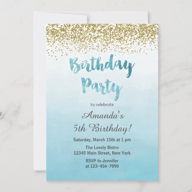 Invitation d'anniversaire bleu et or (Devant)