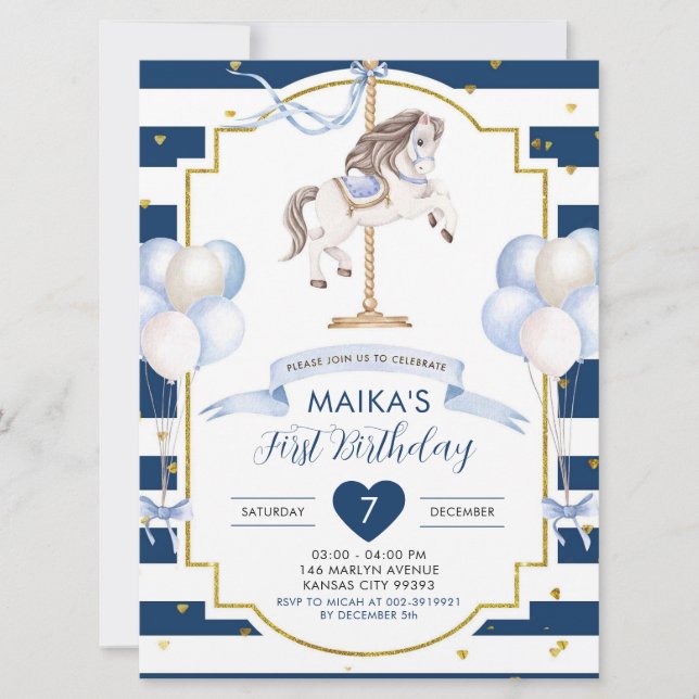 Invitation d'anniversaire bleu et or de la Marine (Devant)