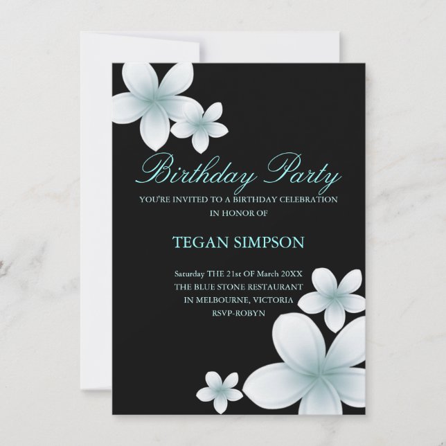 Invitation d'anniversaire Blue & Black Frangipani (Devant)