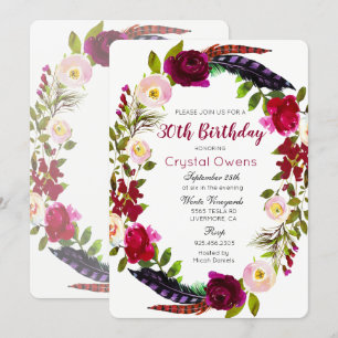 Invitation d'anniversaire bordeaux floral pour tou