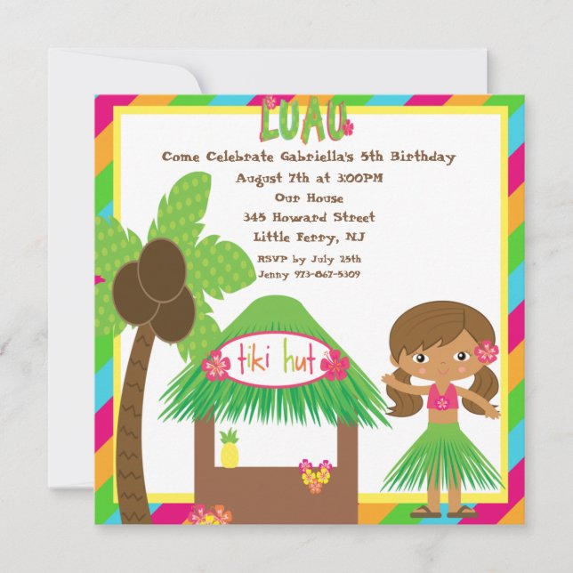 Invitation d'anniversaire Carré Tiki Hut Luau (Devant)