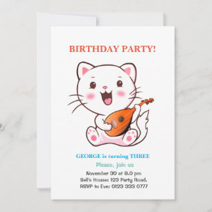 Invitation d'anniversaire Chat Mignon & Ballons Mu