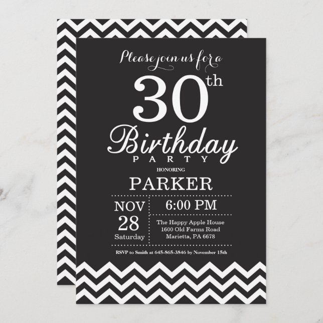 Invitation d'anniversaire Chevron noir et blanc (Devant / Derrière)