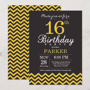 Invitation d'anniversaire Chevron noir et jaune
