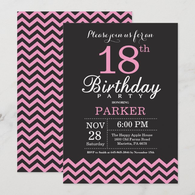 Invitation d'anniversaire Chevron noir et rose (Devant / Derrière)