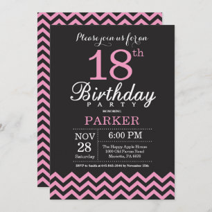 Invitation d'anniversaire Chevron noir et rose