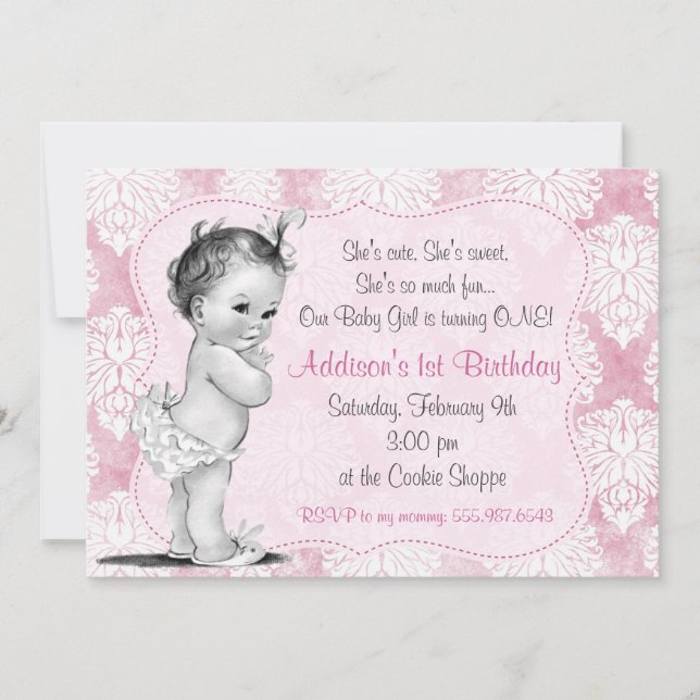 Invitation d'anniversaire Chic Damask pour la peti (Devant)