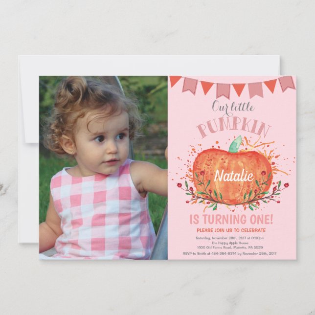 Invitation d'anniversaire Citrouille fille orange  (Devant)