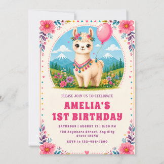 Invitation d'anniversaire colorée d'alpaca florale