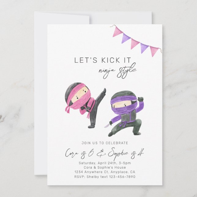 Invitation d'anniversaire conjointe Ninja | Girl N (Devant)