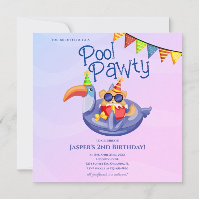 Invitation d'anniversaire Cool Dog Pool Party (Devant)