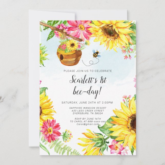 Invitation d'anniversaire d'abeille tournesol Invi (Devant)