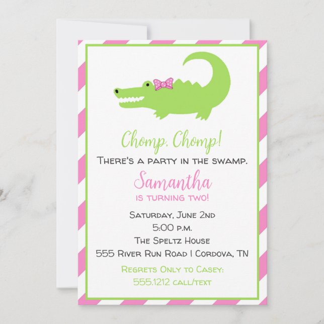 Invitation d'anniversaire d'alligator pour les fil (Devant)