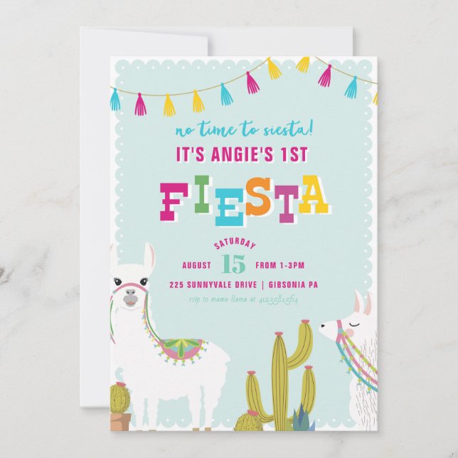 Invitation d'anniversaire d'alpaga de fiesta (Devant)